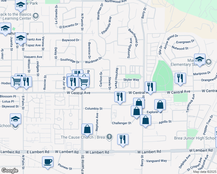 map of restaurants, bars, coffee shops, grocery stores, and more near 901 Joyce Drive in Brea