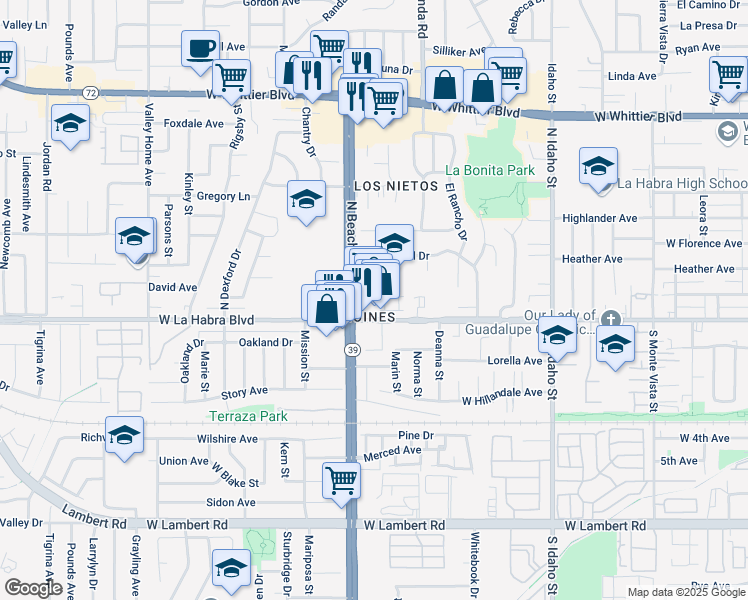 map of restaurants, bars, coffee shops, grocery stores, and more near 1901 West La Habra Boulevard in La Habra
