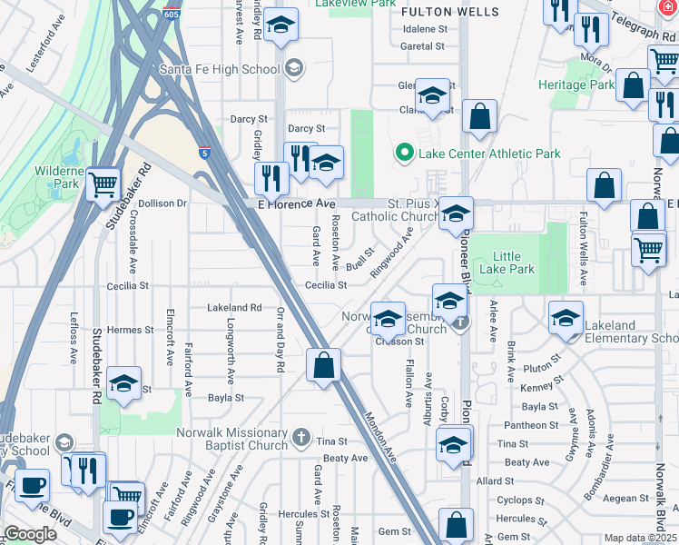 map of restaurants, bars, coffee shops, grocery stores, and more near 11502 Buell Street in Santa Fe Springs
