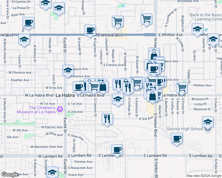 map of restaurants, bars, coffee shops, grocery stores, and more near 570 East Erna Avenue in La Habra
