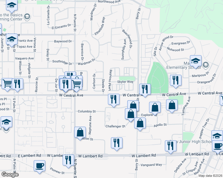 map of restaurants, bars, coffee shops, grocery stores, and more near 812 Reynoso Parkway in Brea