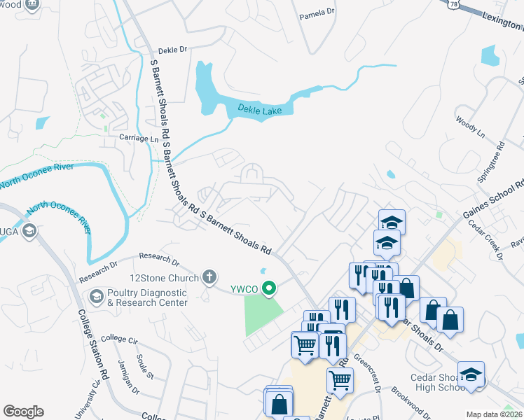 map of restaurants, bars, coffee shops, grocery stores, and more near Stroud Rd in Athens