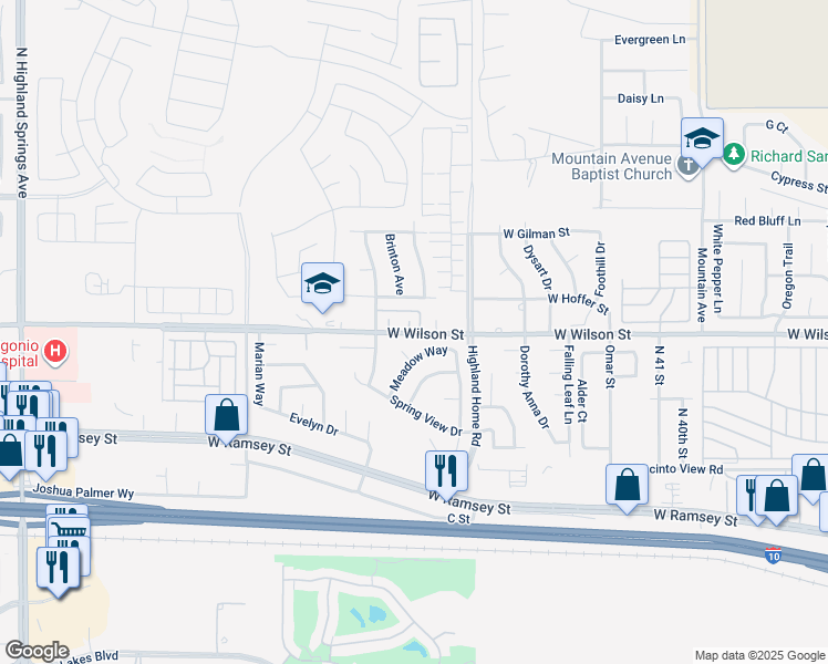 map of restaurants, bars, coffee shops, grocery stores, and more near 4946 West Hoffer Street in Banning