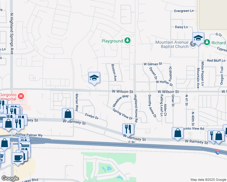 map of restaurants, bars, coffee shops, grocery stores, and more near 5077 West Wilson Street in Banning
