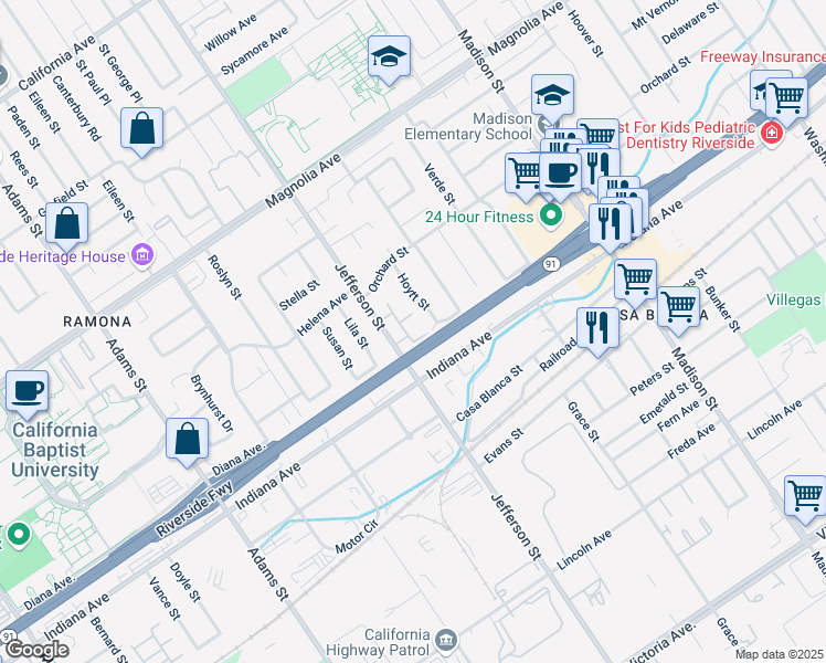 map of restaurants, bars, coffee shops, grocery stores, and more near 3495 Jefferson Street in Riverside