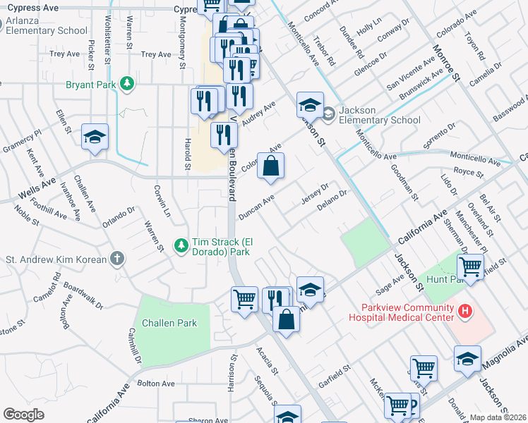 map of restaurants, bars, coffee shops, grocery stores, and more near 4475 Turnbull Road in Riverside