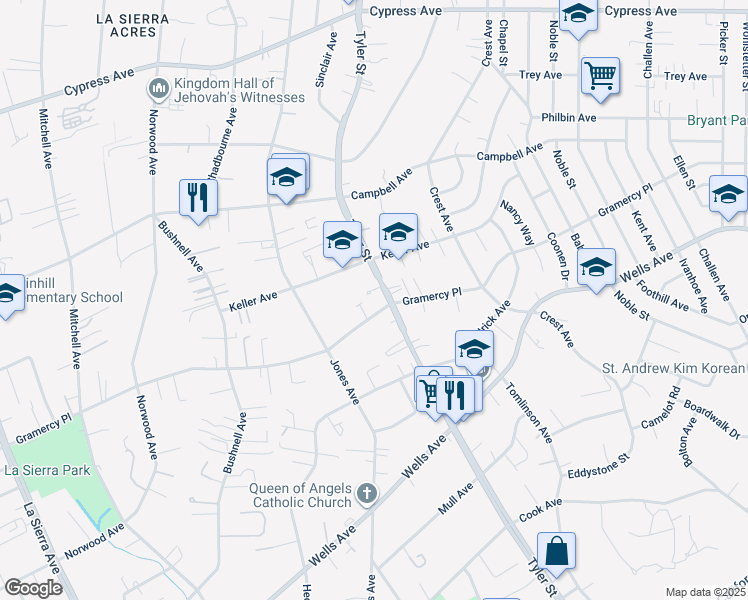 map of restaurants, bars, coffee shops, grocery stores, and more near 5327 Tyler Street in Riverside
