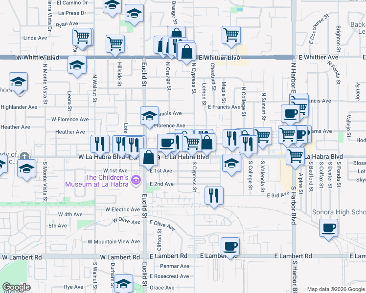 map of restaurants, bars, coffee shops, grocery stores, and more near 360 East Erna Avenue in La Habra