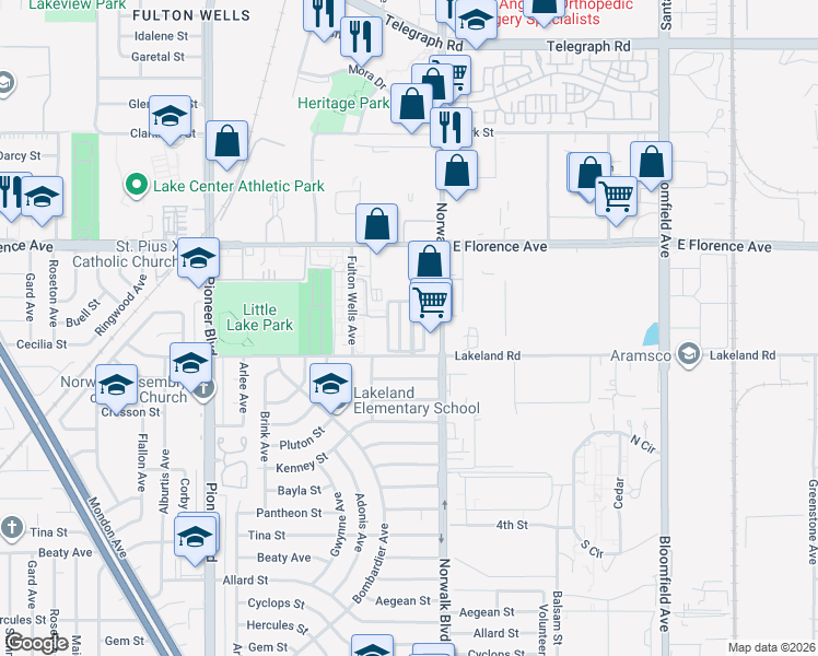 map of restaurants, bars, coffee shops, grocery stores, and more near 12147 Lakeland Road in Santa Fe Springs