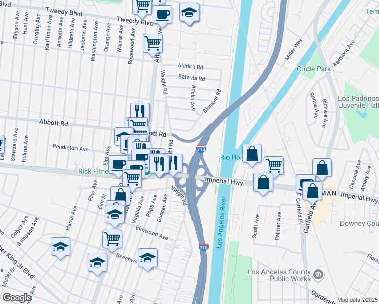 map of restaurants, bars, coffee shops, grocery stores, and more near 5248 Pendleton Avenue in South Gate