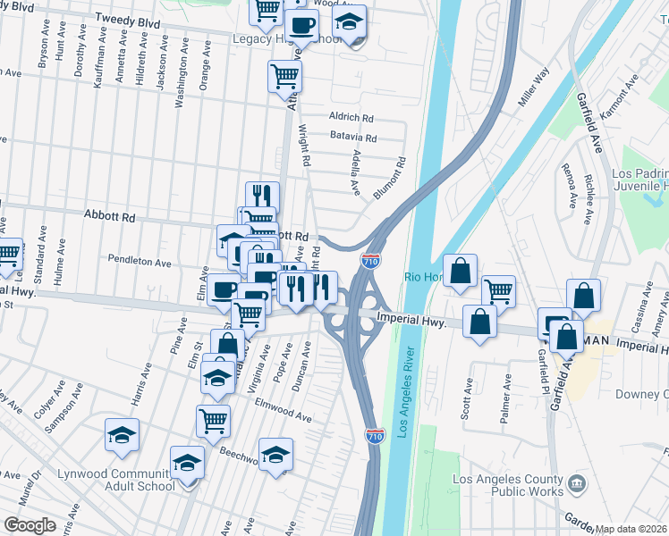map of restaurants, bars, coffee shops, grocery stores, and more near 5248 Pendleton Avenue in South Gate