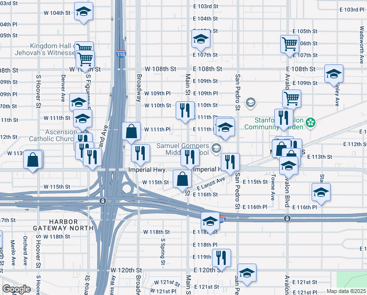 map of restaurants, bars, coffee shops, grocery stores, and more near 129 West 112th Street in Los Angeles