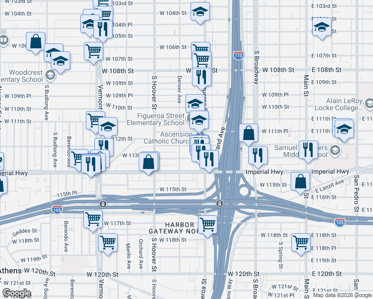 map of restaurants, bars, coffee shops, grocery stores, and more near 537 West 112th Street in Los Angeles