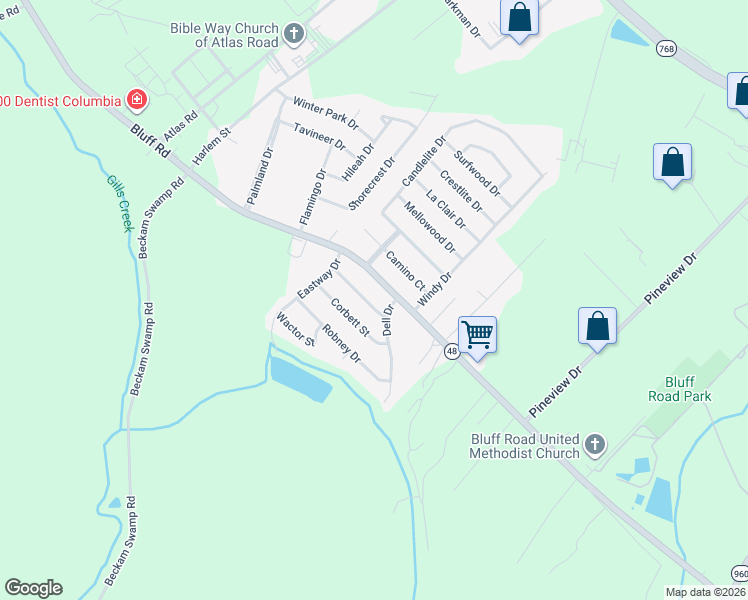 map of restaurants, bars, coffee shops, grocery stores, and more near 4612 Bluff Road in Columbia