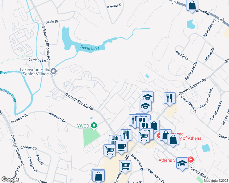map of restaurants, bars, coffee shops, grocery stores, and more near 222 Parkridge Drive in Athens