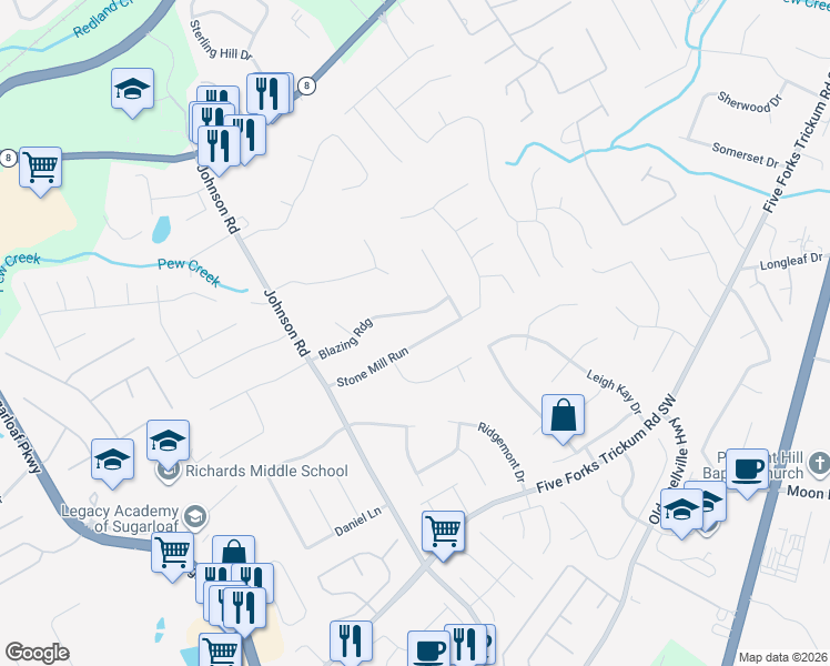 map of restaurants, bars, coffee shops, grocery stores, and more near 1095 Stone Mill Run in Lawrenceville