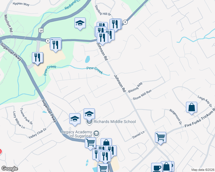 map of restaurants, bars, coffee shops, grocery stores, and more near 1211 Grayland Drive in Lawrenceville