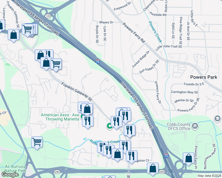 map of restaurants, bars, coffee shops, grocery stores, and more near 875 Franklin Gateway Southeast in Marietta