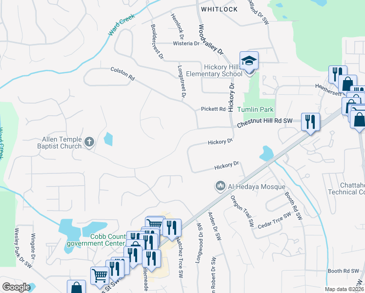 map of restaurants, bars, coffee shops, grocery stores, and more near 636 Chestnut Hill Road Southwest in Marietta