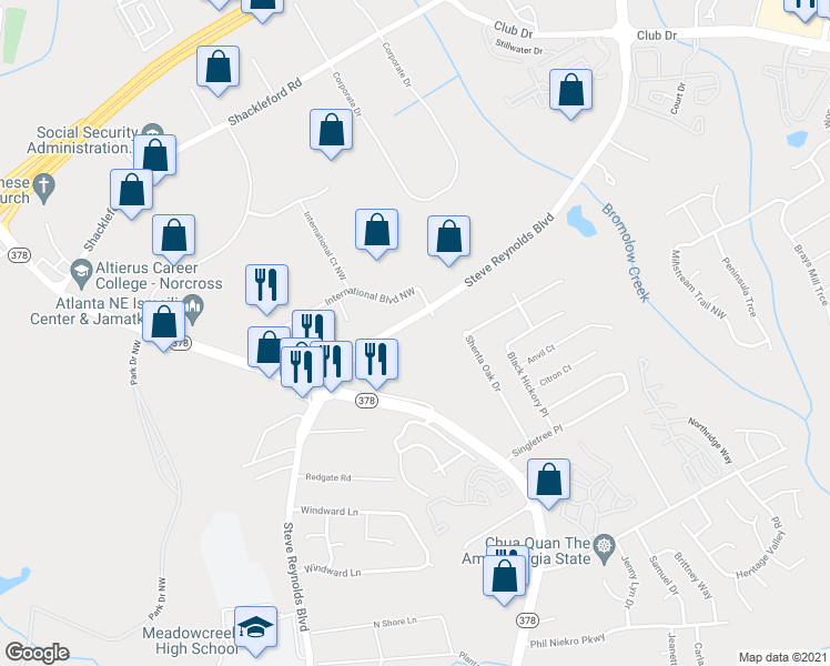 map of restaurants, bars, coffee shops, grocery stores, and more near 4100 Steve Reynolds Boulevard in Norcross