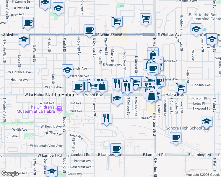 map of restaurants, bars, coffee shops, grocery stores, and more near 615 East Erna Avenue in La Habra
