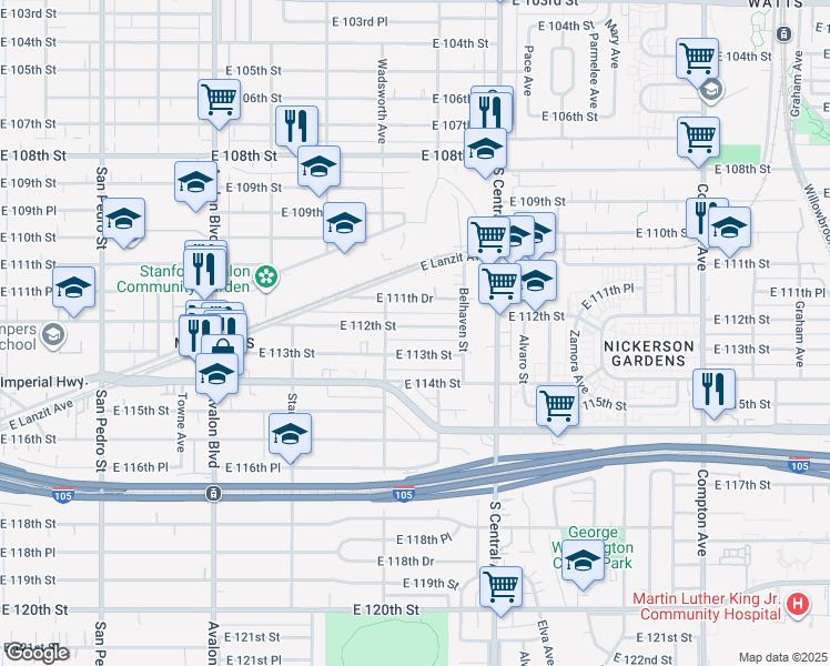 map of restaurants, bars, coffee shops, grocery stores, and more near 932 East 112th Street in Los Angeles