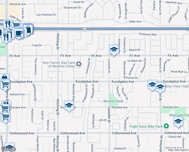 map of restaurants, bars, coffee shops, grocery stores, and more near 25850 Wolfberry Drive in Moreno Valley