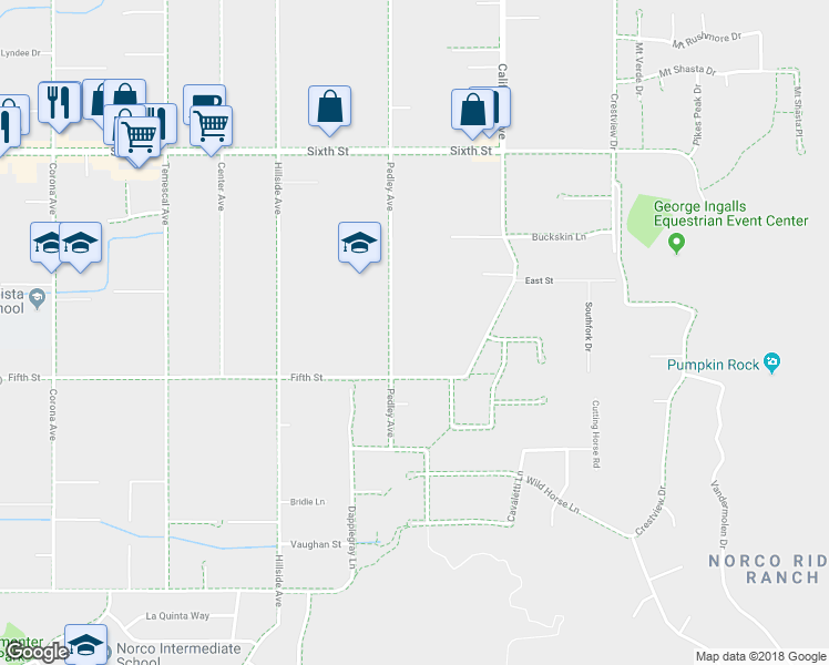 map of restaurants, bars, coffee shops, grocery stores, and more near 3521 Pedley Avenue in Norco