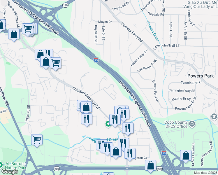 map of restaurants, bars, coffee shops, grocery stores, and more near 875 Franklin Road Southeast in Marietta