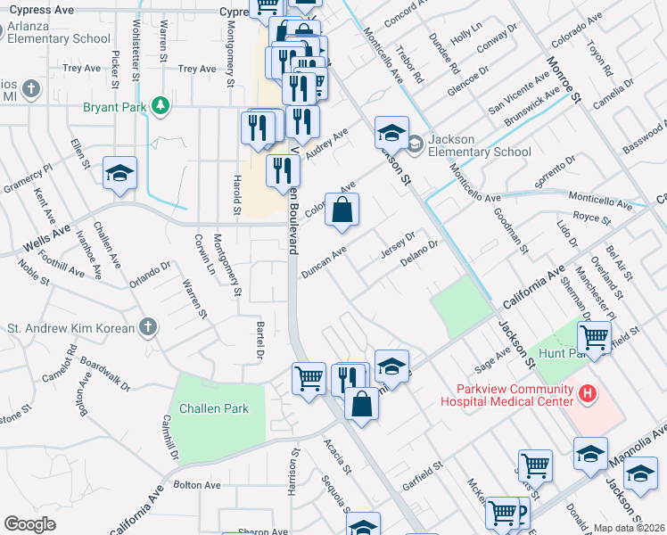 map of restaurants, bars, coffee shops, grocery stores, and more near 4475 Turnbull Road in Riverside