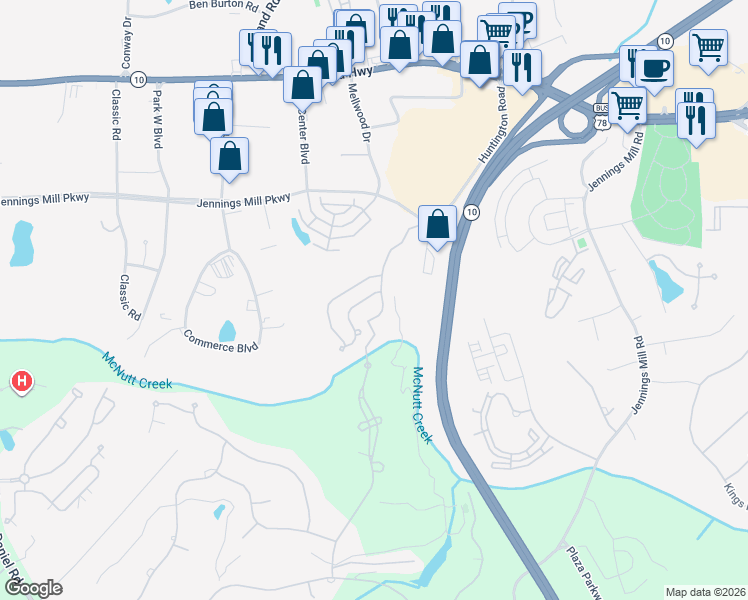 map of restaurants, bars, coffee shops, grocery stores, and more near 108 Covington Place in Athens