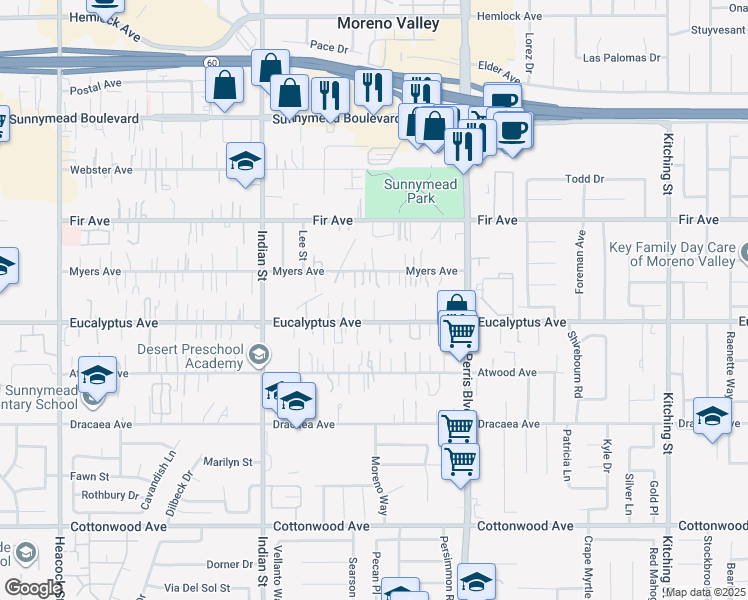 map of restaurants, bars, coffee shops, grocery stores, and more near 2 Eucalyptus Avenue in Moreno Valley
