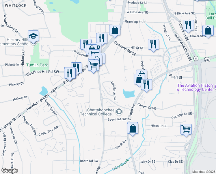 map of restaurants, bars, coffee shops, grocery stores, and more near 417 Cindy Drive Southwest in Marietta