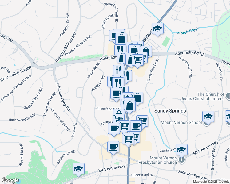 map of restaurants, bars, coffee shops, grocery stores, and more near 6518 Roswell Road in Sandy Springs