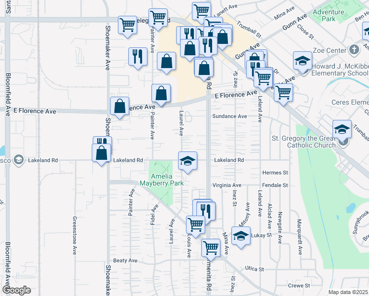 map of restaurants, bars, coffee shops, grocery stores, and more near 10920 Laurel Avenue in Whittier