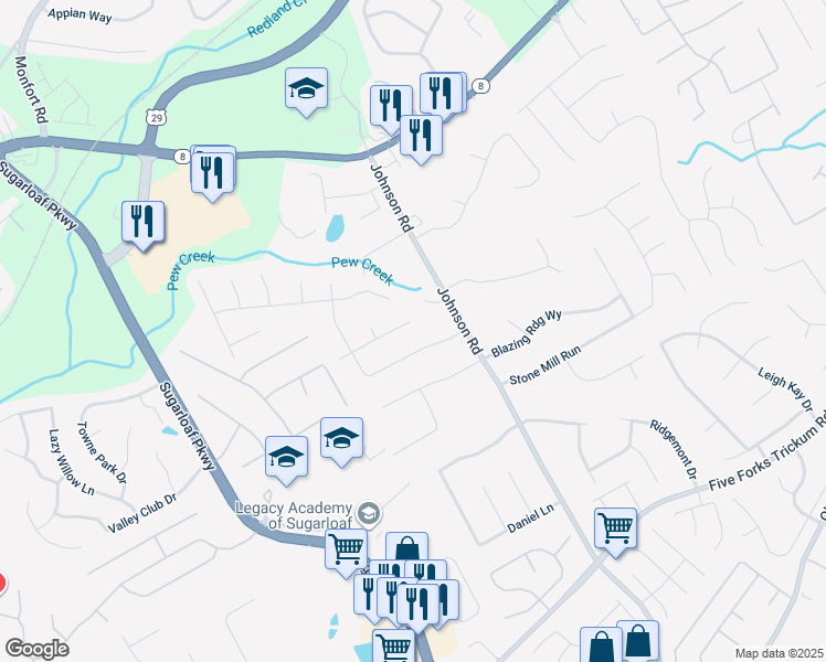 map of restaurants, bars, coffee shops, grocery stores, and more near 1211 Grayland Drive in Lawrenceville