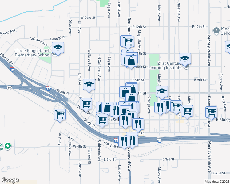 map of restaurants, bars, coffee shops, grocery stores, and more near 248 East 8th Street in Beaumont
