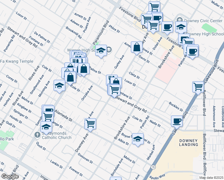 map of restaurants, bars, coffee shops, grocery stores, and more near 11825 Downey Avenue in Downey