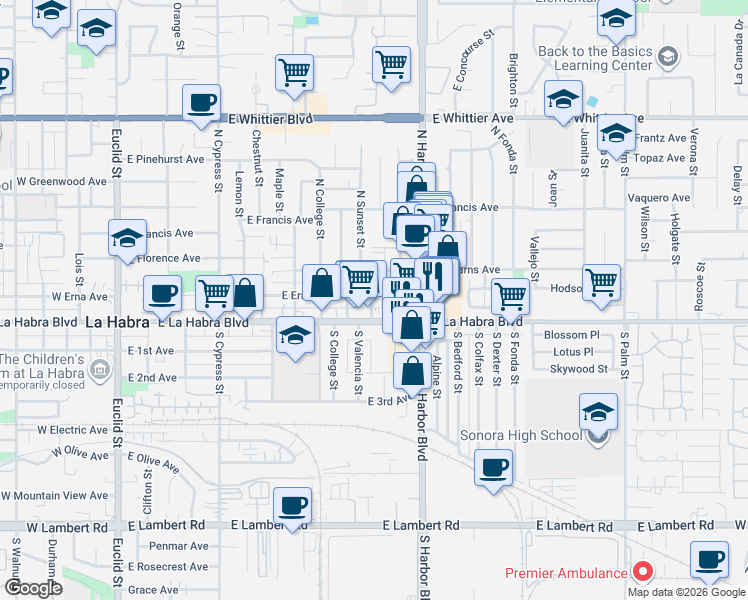 map of restaurants, bars, coffee shops, grocery stores, and more near 1019 East Erna Avenue in La Habra