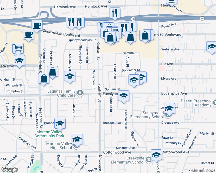 map of restaurants, bars, coffee shops, grocery stores, and more near 12930 Gorham Street in Moreno Valley