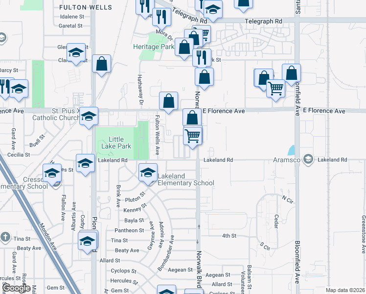 map of restaurants, bars, coffee shops, grocery stores, and more near 12147 Lakeland Road in Santa Fe Springs