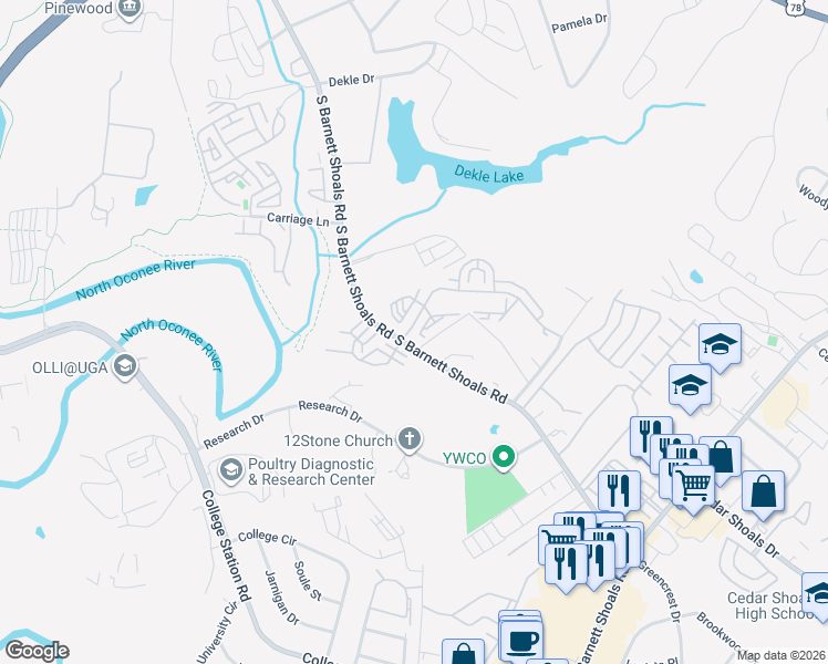 map of restaurants, bars, coffee shops, grocery stores, and more near Unnamed Road in Athens