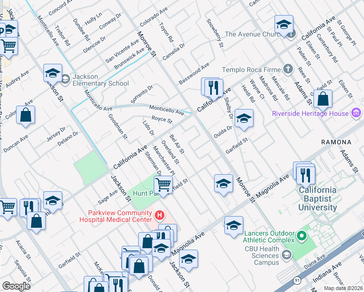 map of restaurants, bars, coffee shops, grocery stores, and more near 4145 Bel Air Street in Riverside