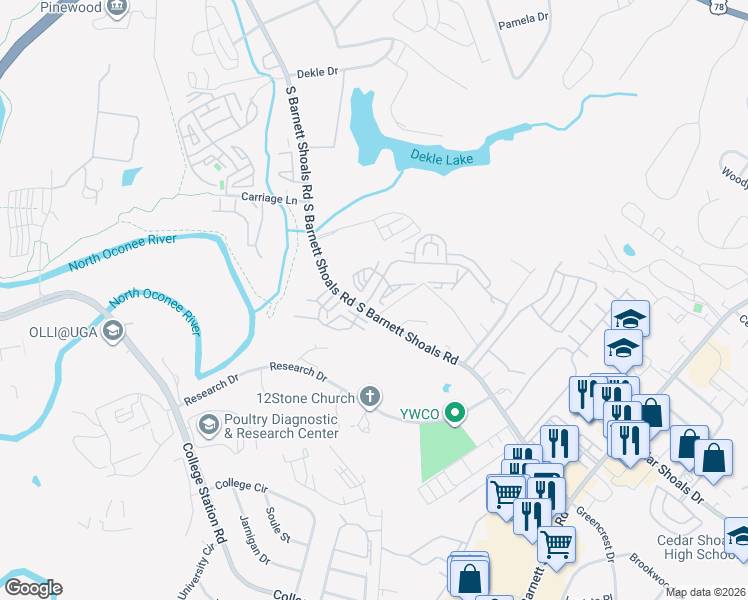 map of restaurants, bars, coffee shops, grocery stores, and more near Unnamed Road in Athens