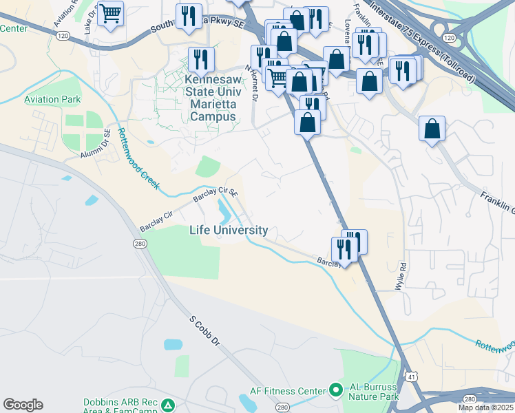 map of restaurants, bars, coffee shops, grocery stores, and more near 1269 Barclay Circle in Marietta