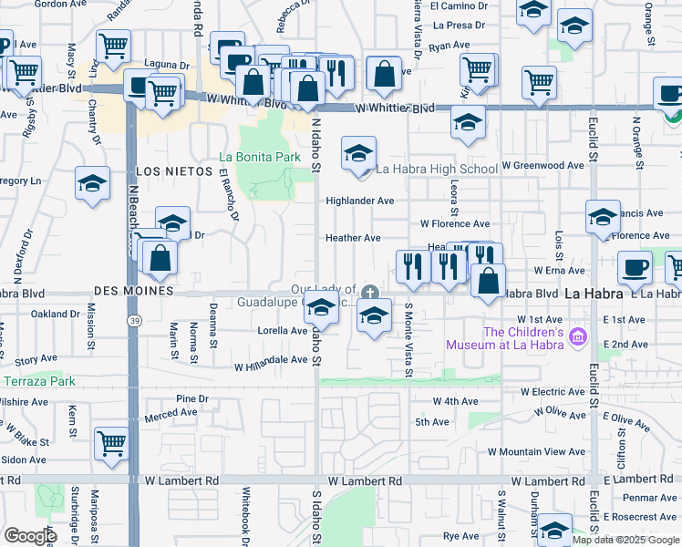 map of restaurants, bars, coffee shops, grocery stores, and more near 140 Virginia Street in La Habra
