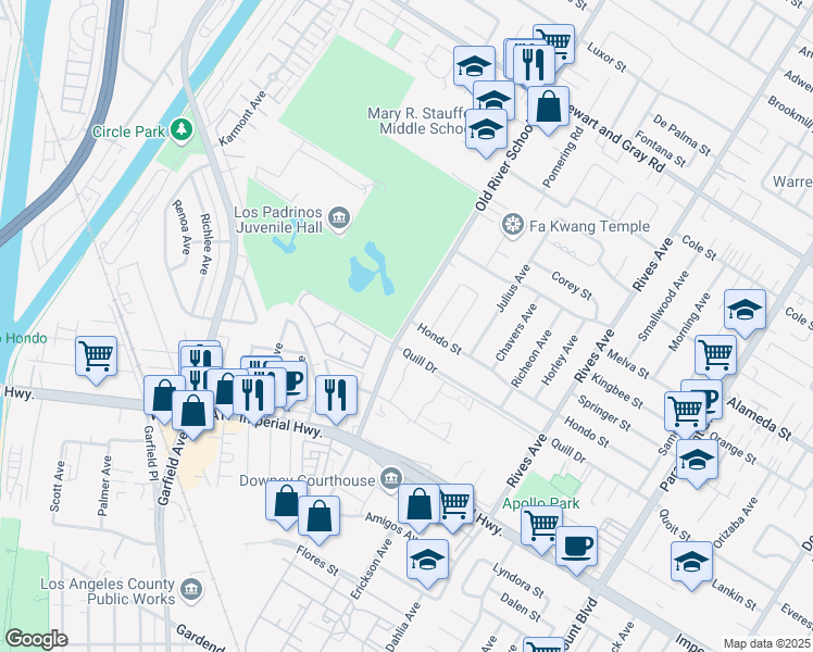 map of restaurants, bars, coffee shops, grocery stores, and more near 12441 Old River School Rd in Downey