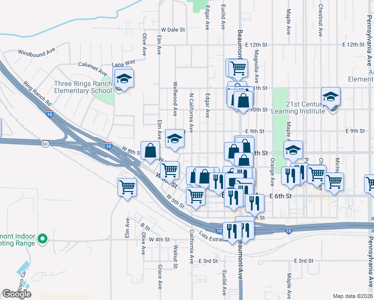 map of restaurants, bars, coffee shops, grocery stores, and more near 827 North California Avenue in Beaumont