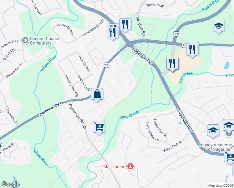 map of restaurants, bars, coffee shops, grocery stores, and more near 93 Davis Mill Court in Lawrenceville