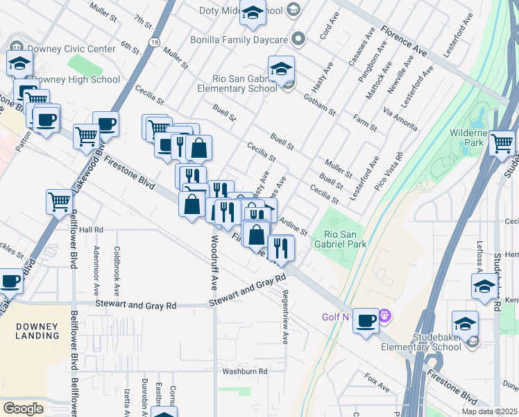 map of restaurants, bars, coffee shops, grocery stores, and more near 10929 Casanes Avenue in Downey